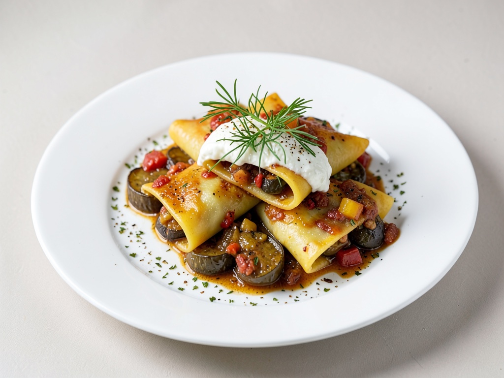 Nudeltaschen mit Fenchel-Ricotta auf Paprika-Auberginen-Gemüse