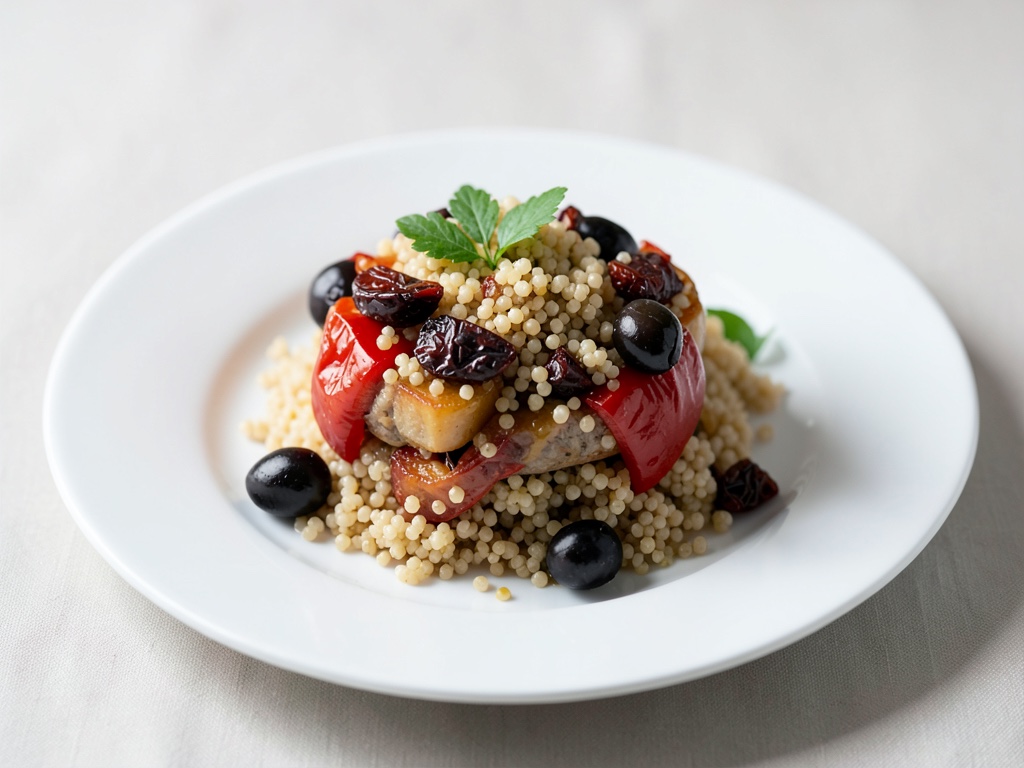 Paprika gefüllt mit Couscous, Oliven und getrockneten Tomaten