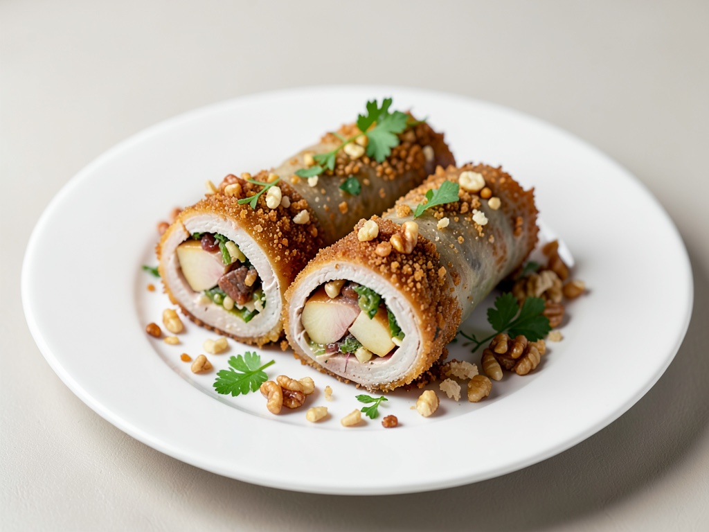 Rellenos crujientes de nuez y manzana en rollos de pavo