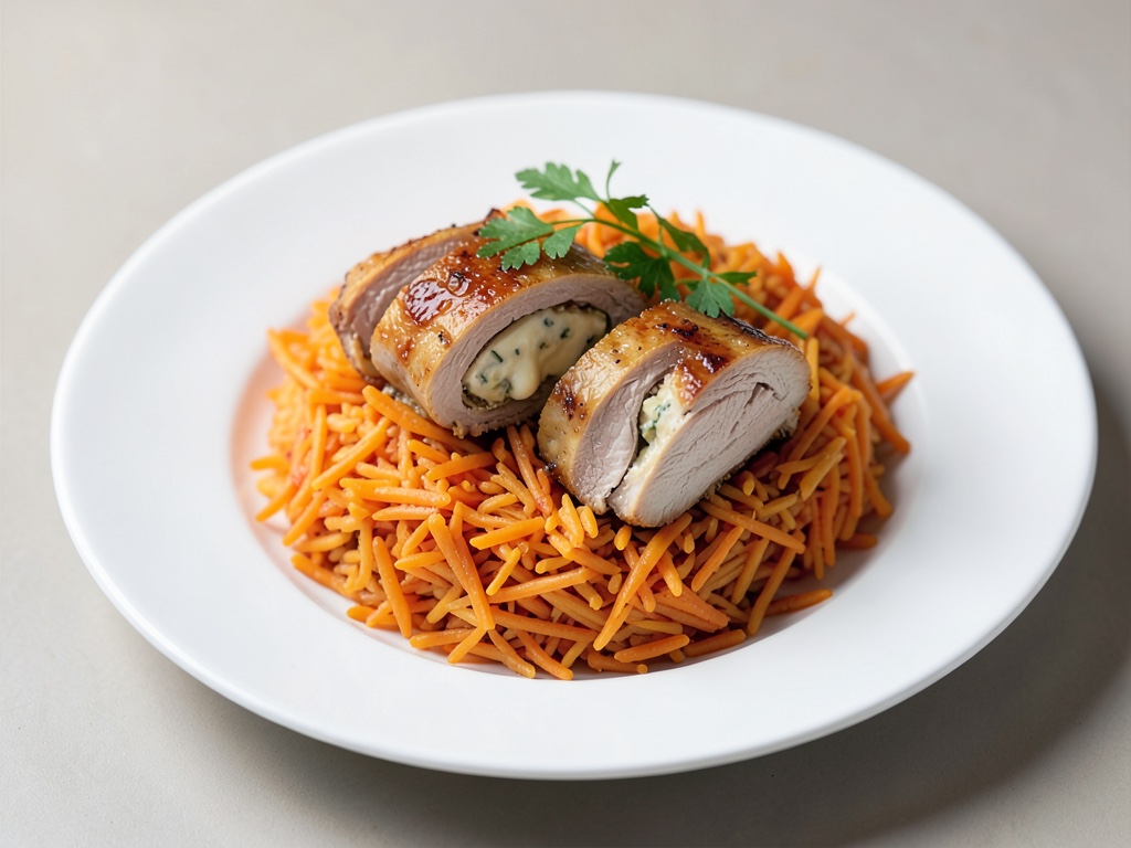 Involtini di tacchino al formaggio su riso basmati con carote