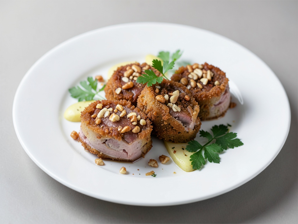 Rollitos crujientes de nuez y jamón con pera