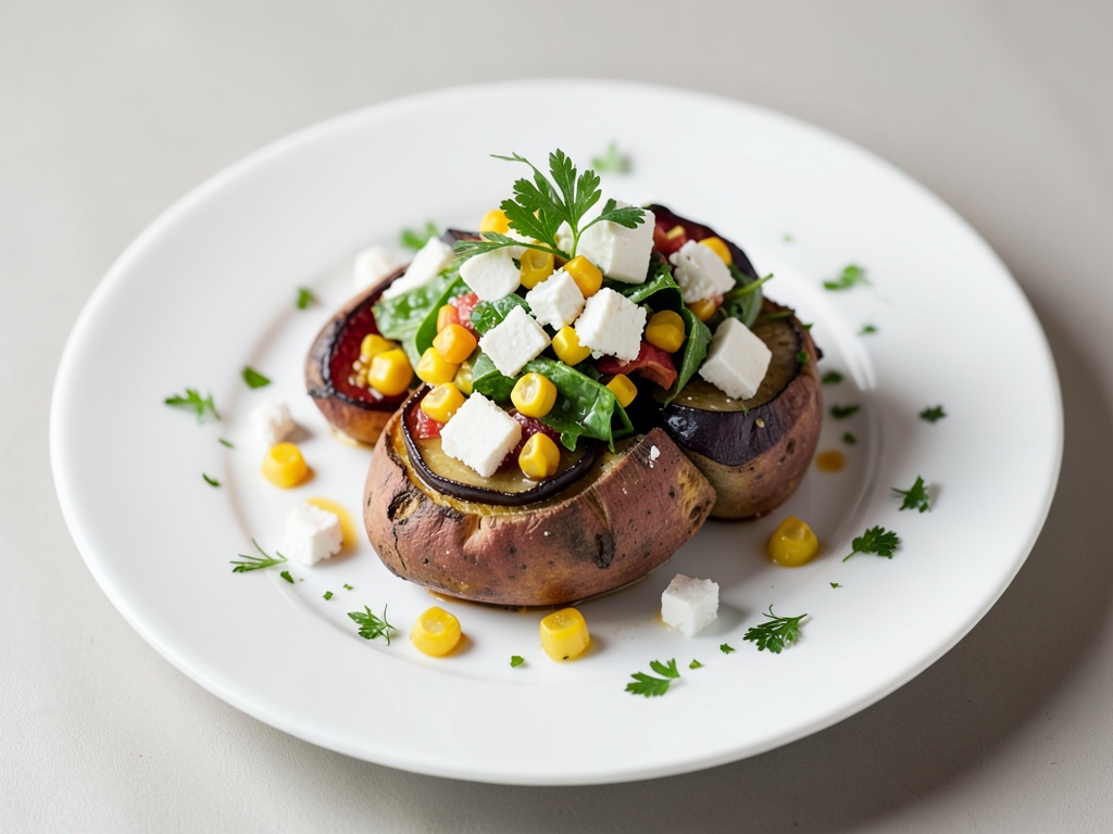 Patate dolci ripiene di melanzane, feta e valeriana