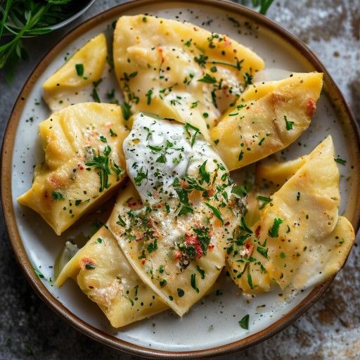 Piroghe fatte in casa con ripieno di patate e quark, panna acida e erba cipollina