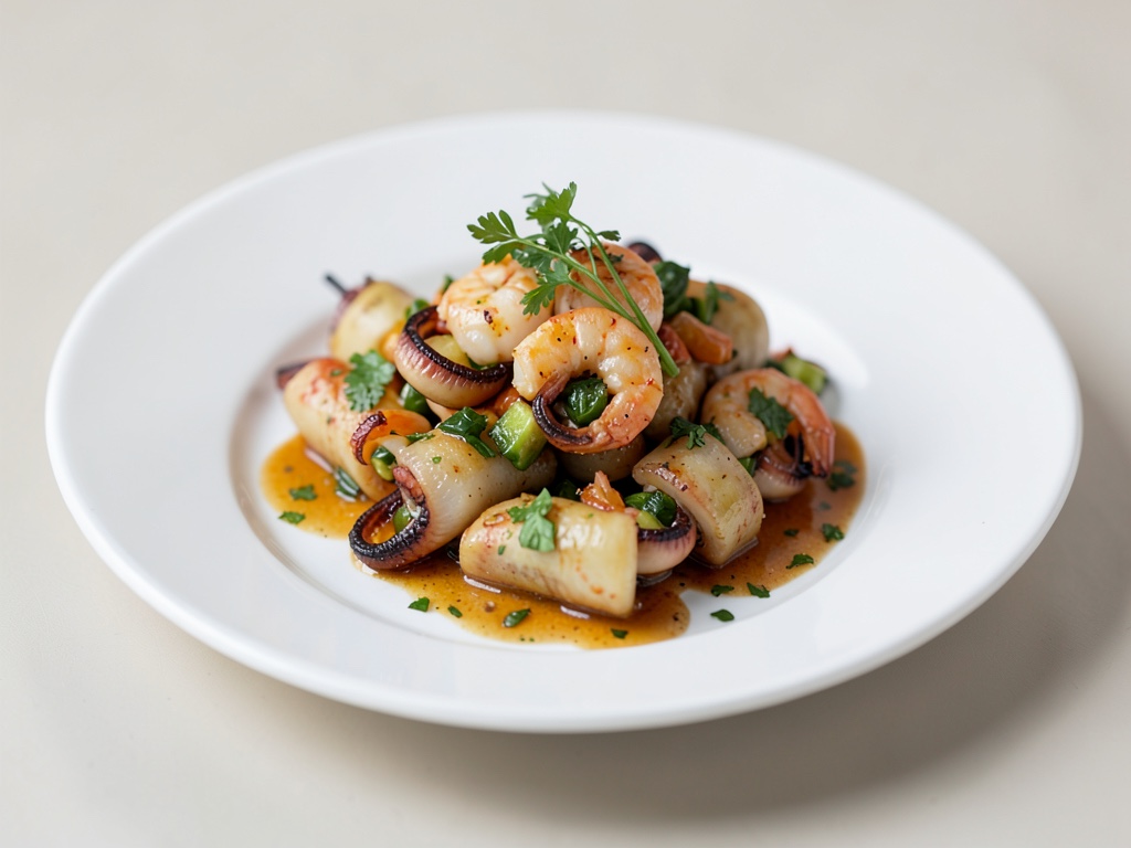 Tubos de calamar rellenos con verduras y gambas