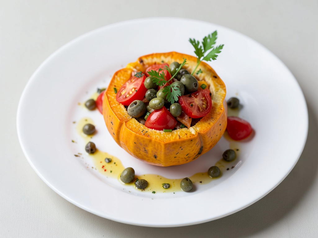 Zucca cava ripiena con pomodori, olive e capperi