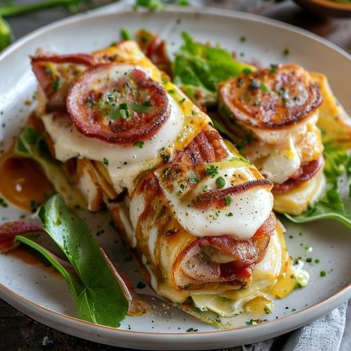 Rotolo di crepes con pancetta e ripieno cremoso di cicoria e patate