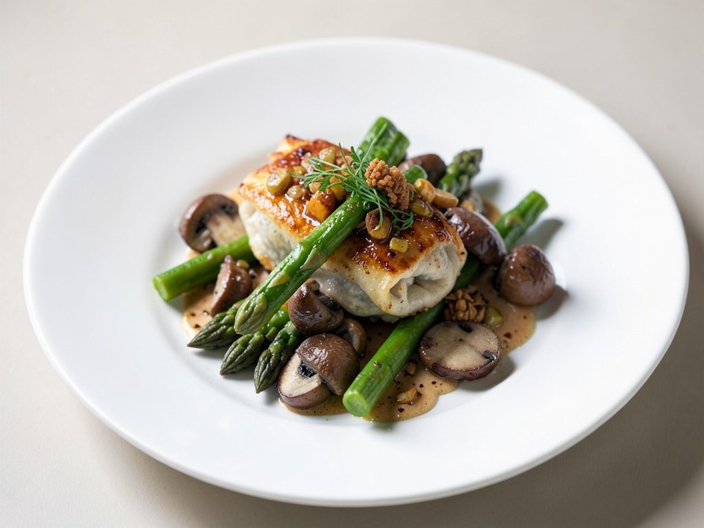 Tasche di granchio con asparagi e funghi