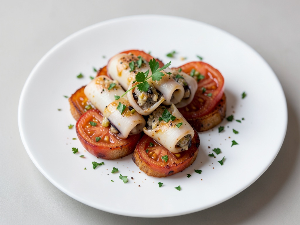 Calamari ripieni su pomodori fritti