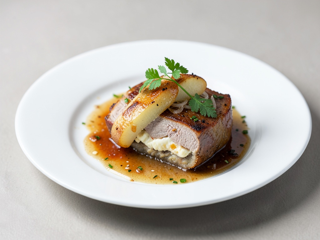 Cosce di vitello con ripieno di pere e formaggio e salsa di vino e cipolle