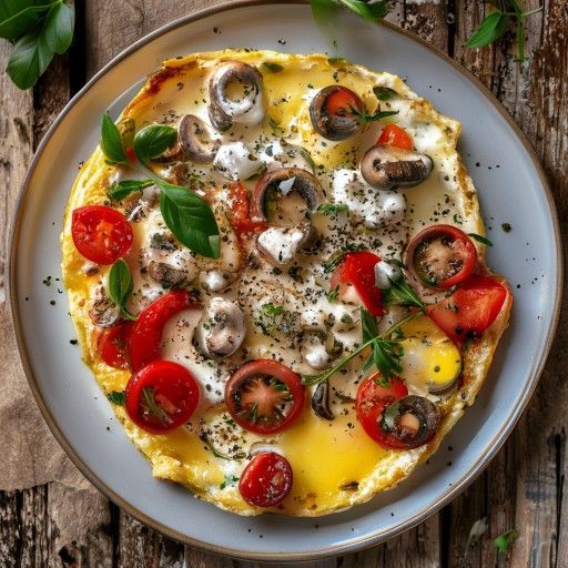 Omelett gefüllt mit Tomaten, Pilzen und Schafskäse