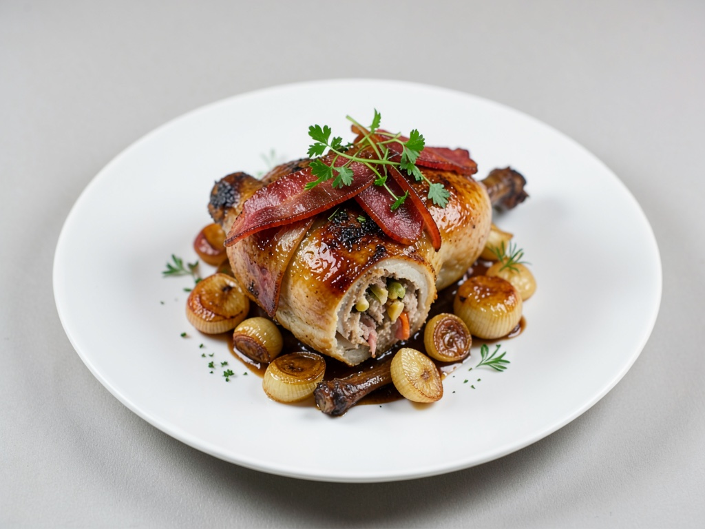 Pernice ripiena con pancetta e scalogni caramellizzati