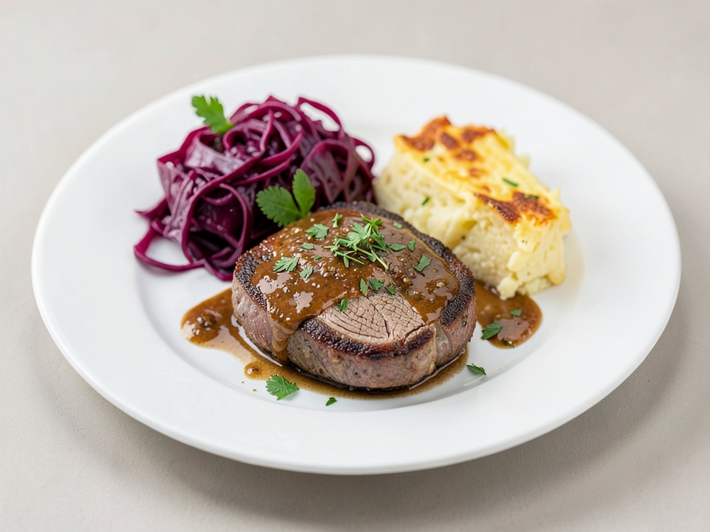 Succulenta filetto di manzo ripieno di erbe, servito con crauti rossi e gratin di patate