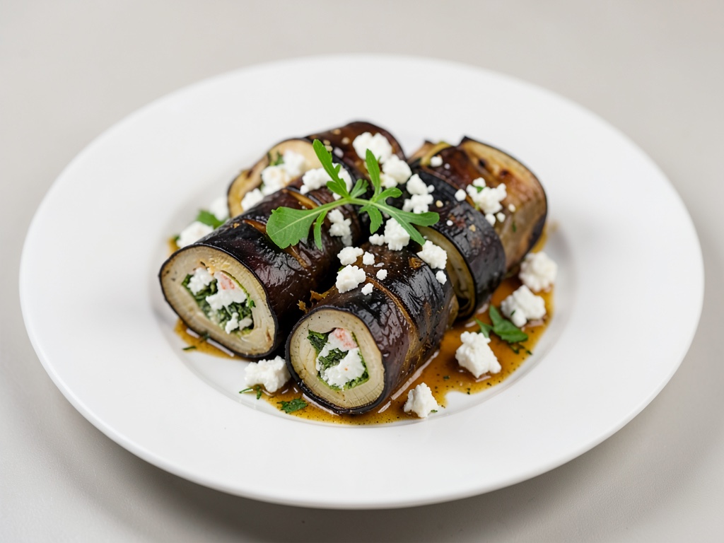 Roulades d'aubergines grillées à la farce de fromage de chèvre et sauge