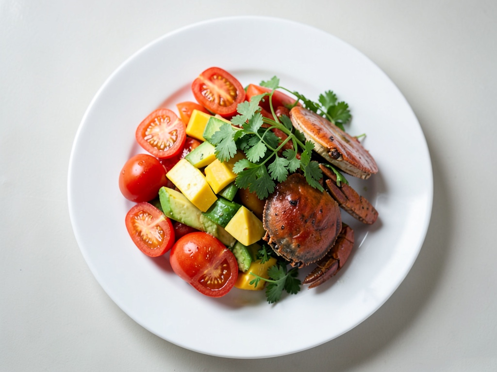 Avocado alla griglia con insalata di mango e pomodori e gamberi