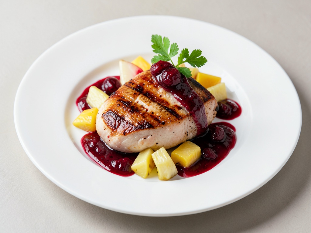 Petto di pollo alla griglia con ananas e confettura di mirtilli rossi