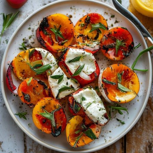 Mezze peperoni alla griglia ripieni di formaggio di capra e pomodori