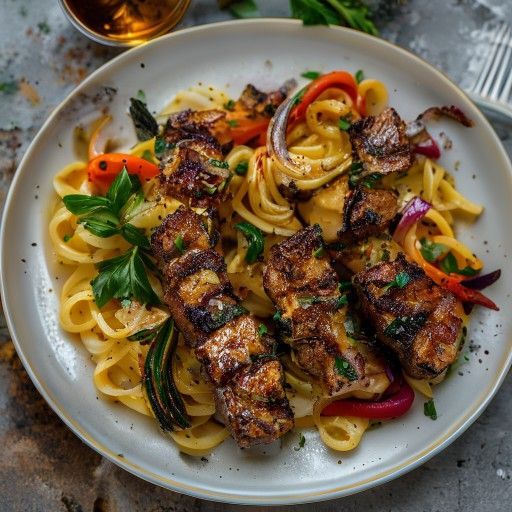 Gegrillte Lammkoteletts mit Nudeln und Gemüse