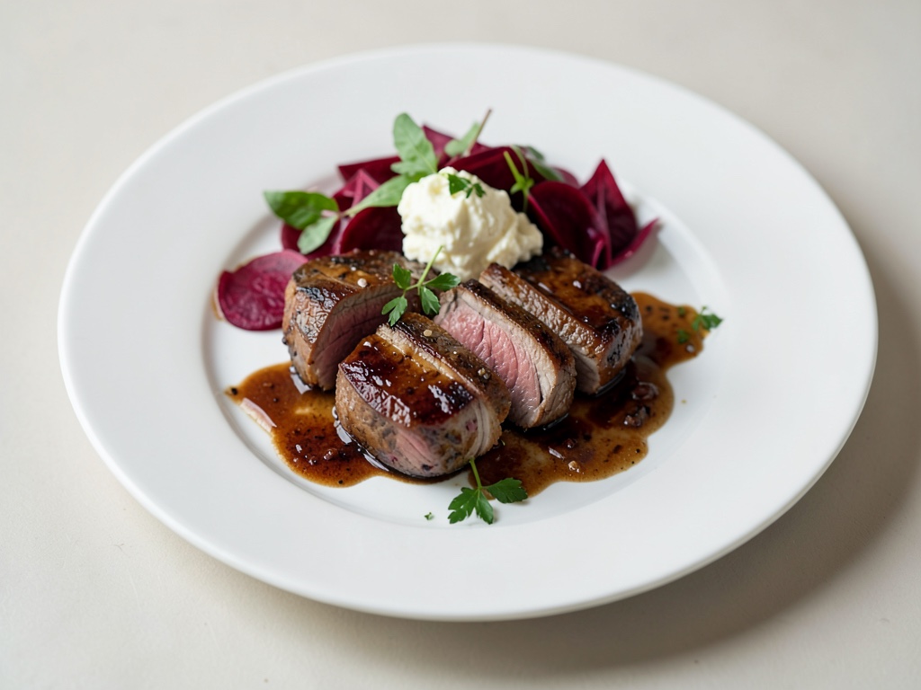 Costolette di agnello succose con insalata di barbabietola rossa e formaggio fresco all'aglio
