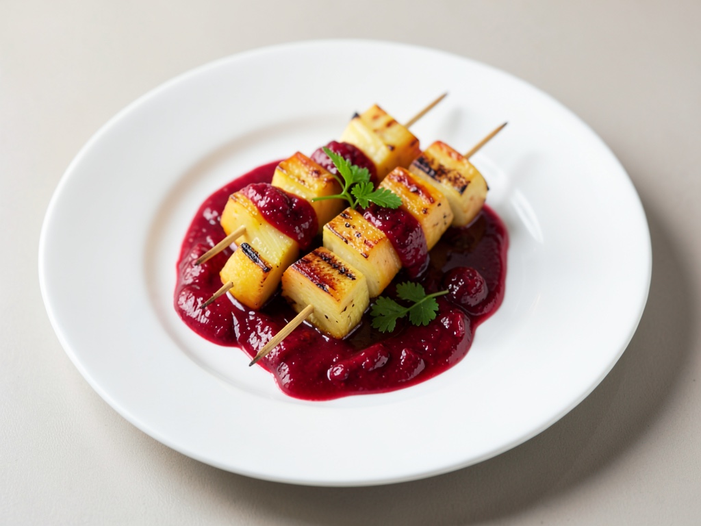 Gegrillte Mango-Ananas-Spieße mit Himbeersoße