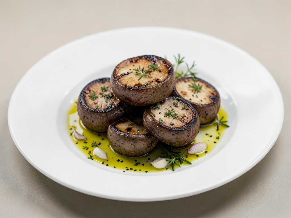 Funghi champignon giganti alla griglia con olio d'oliva, aglio ed erbe