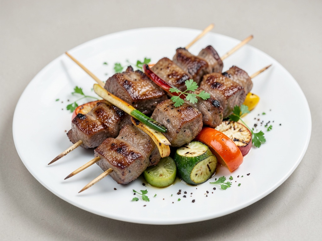 Spiedini di legno con carne marinata e verdure alla griglia