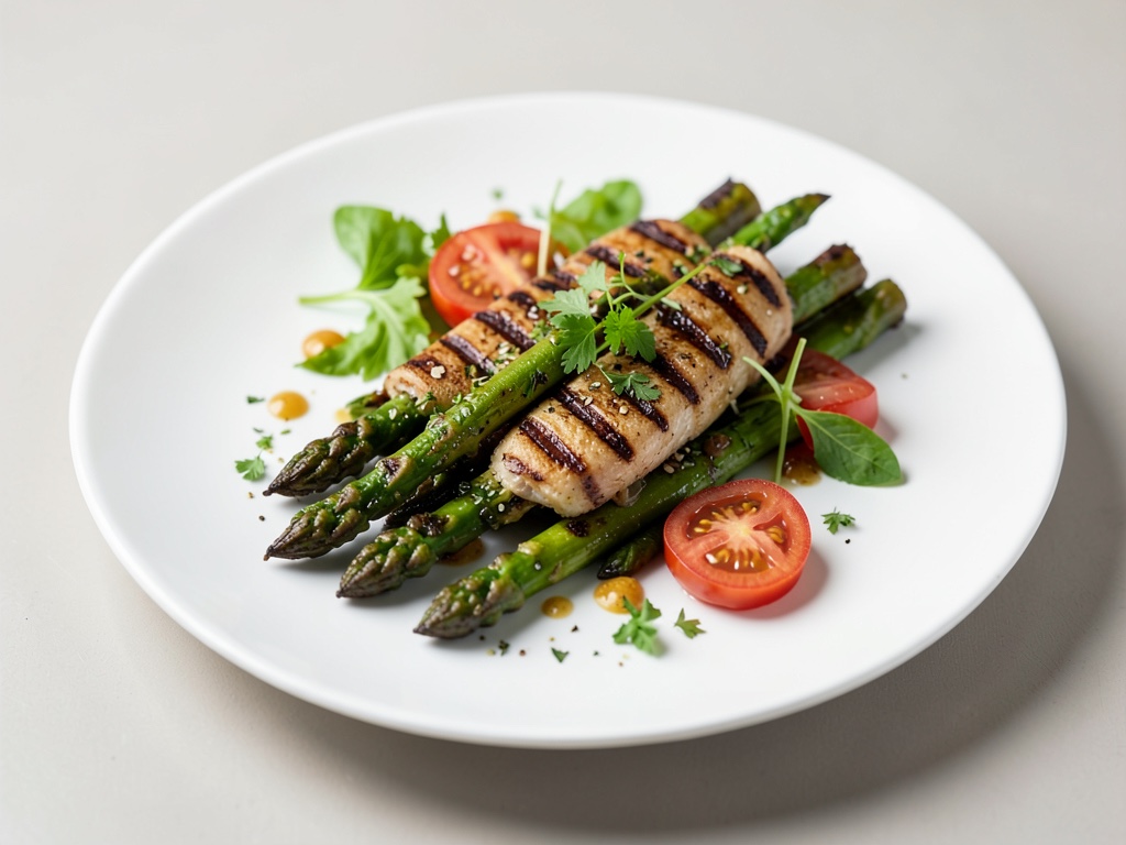 Espárragos a la parrilla con ensalada de tomate y hierbas