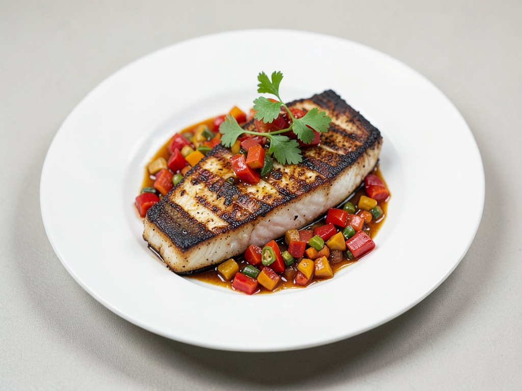 Knusprig gegrilltes Schwertfisch mit gerösteter Paprika-Salsa