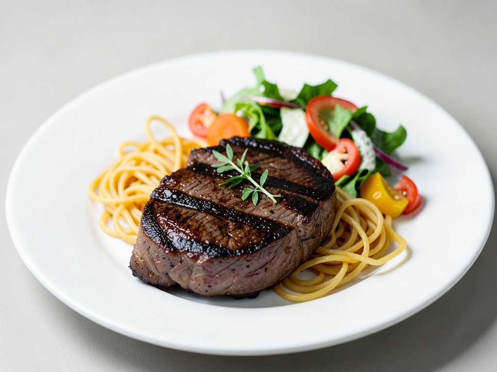 Bistecca di manzo alla griglia con insalata di pasta e verdure