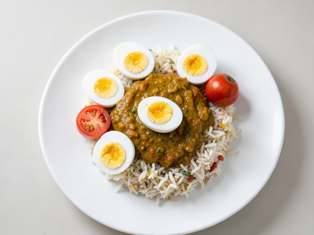 Riso con uova al curry e cocco e insalata fresca