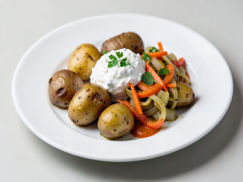 Patate con dip allo quark e verdure di carota e porro stufate