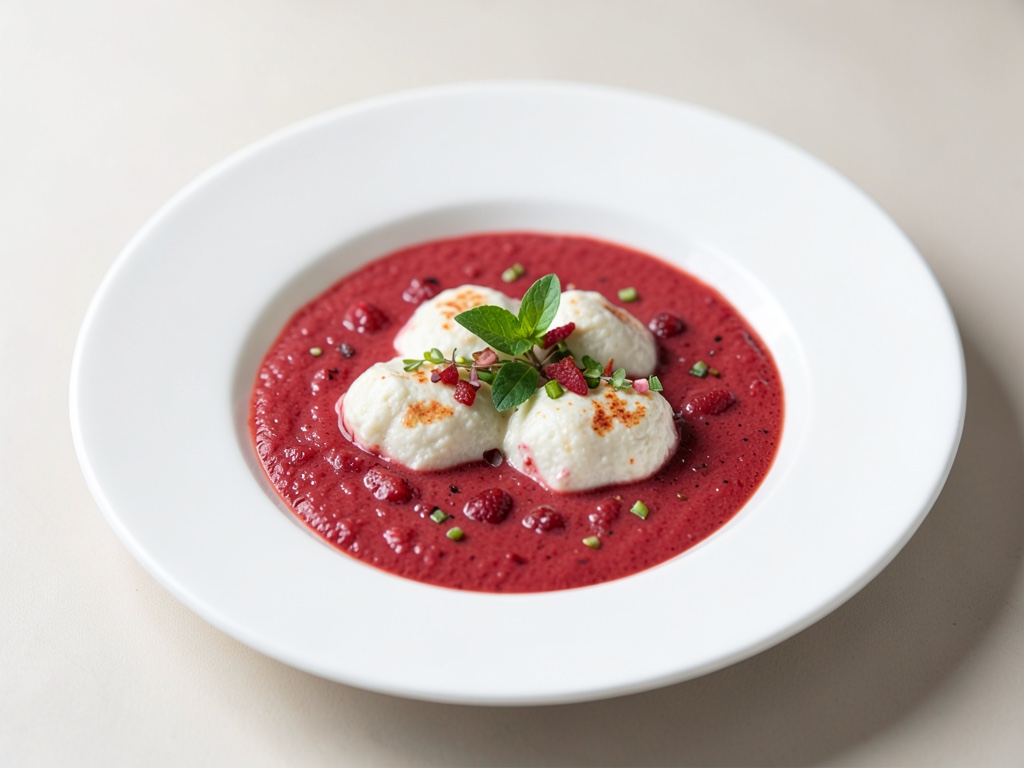 Erfrischende kalte Erdbeercreme mit Ricotta-Nocken