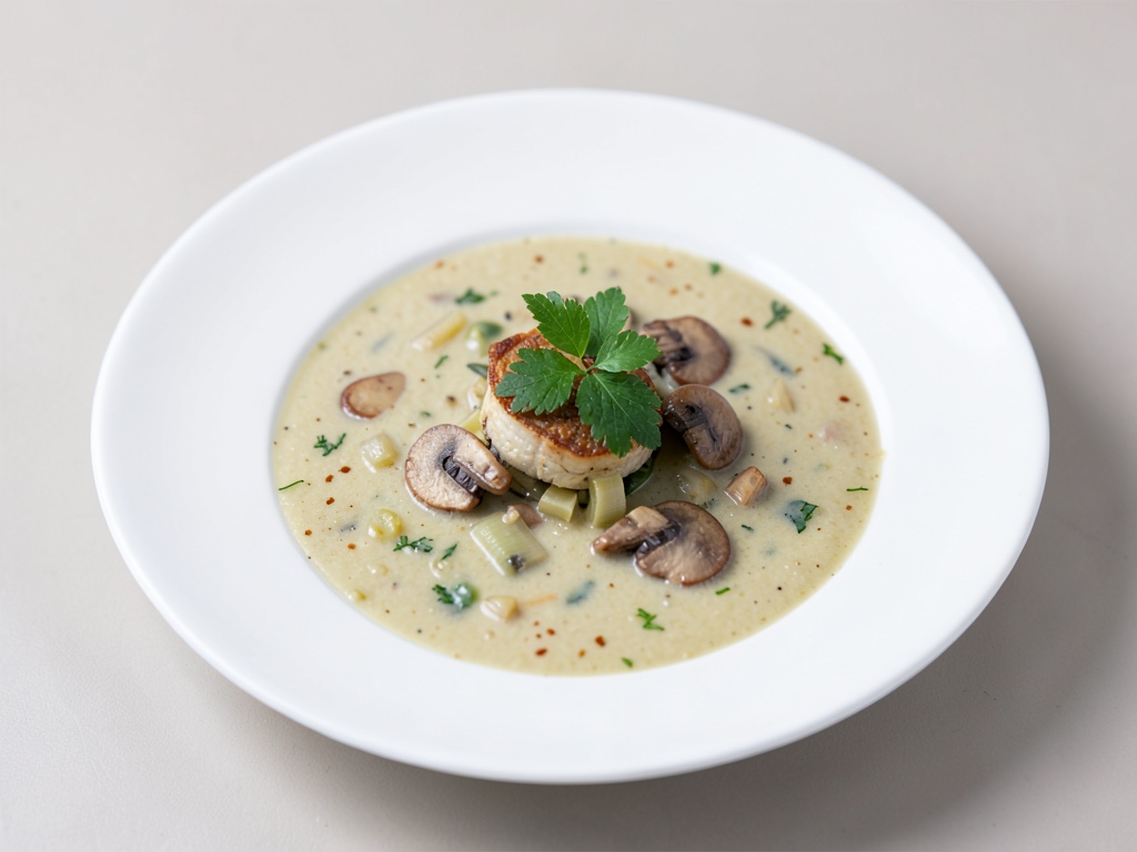 Zuppa fredda di patate e porro con funghi