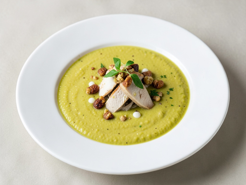 Zuppa cremosa di piselli con pollo e noci croccanti