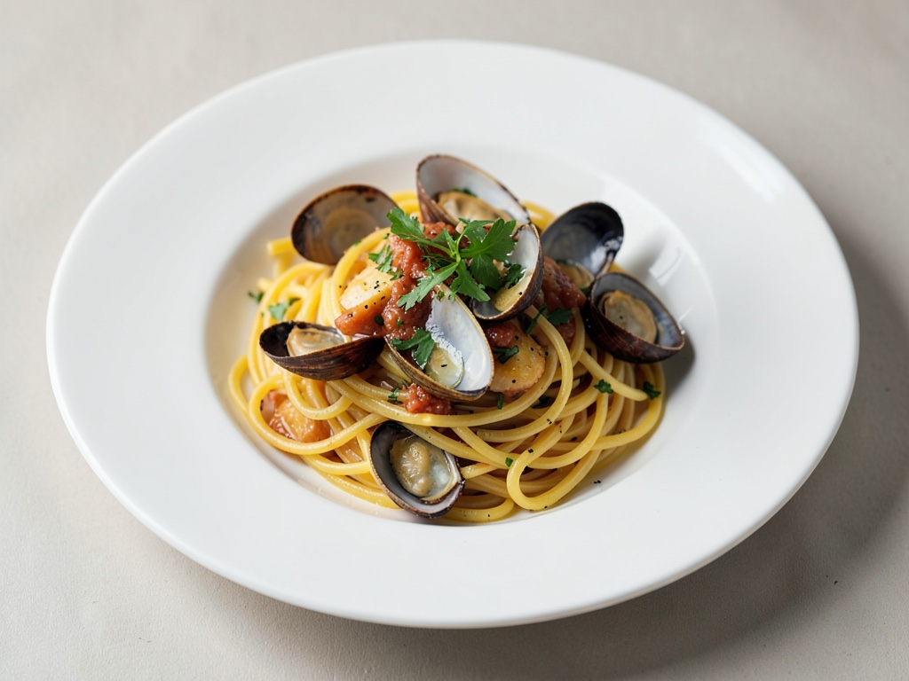 Gelbe Spaghetti mit Muscheln