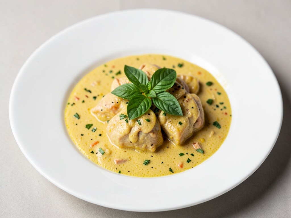 Curry cremoso al pollo giallo con basilico thailandese fresco