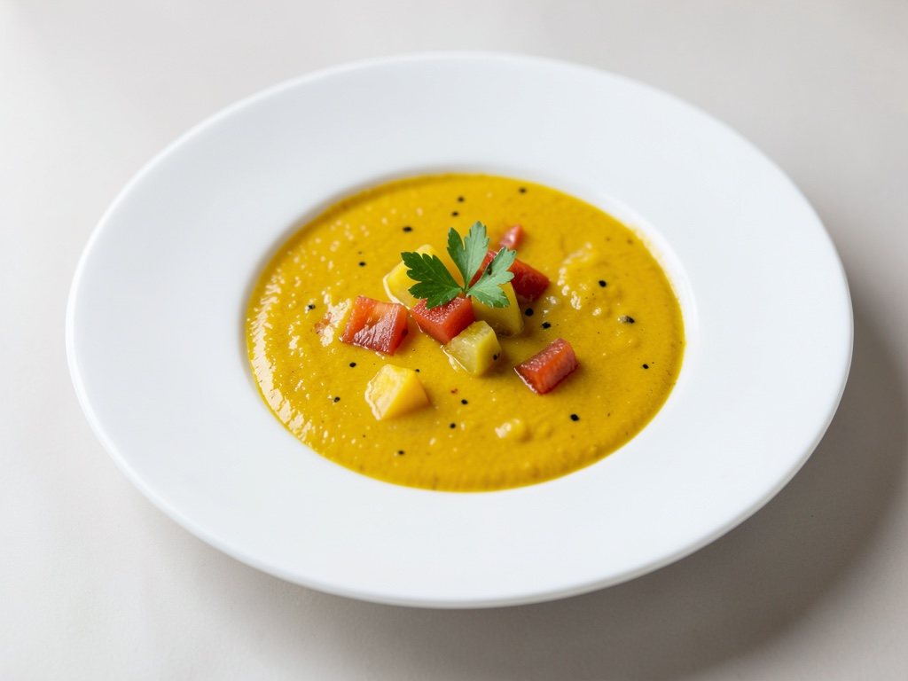 Zuppa cremosa di pomodori gialli con cubetti freschi