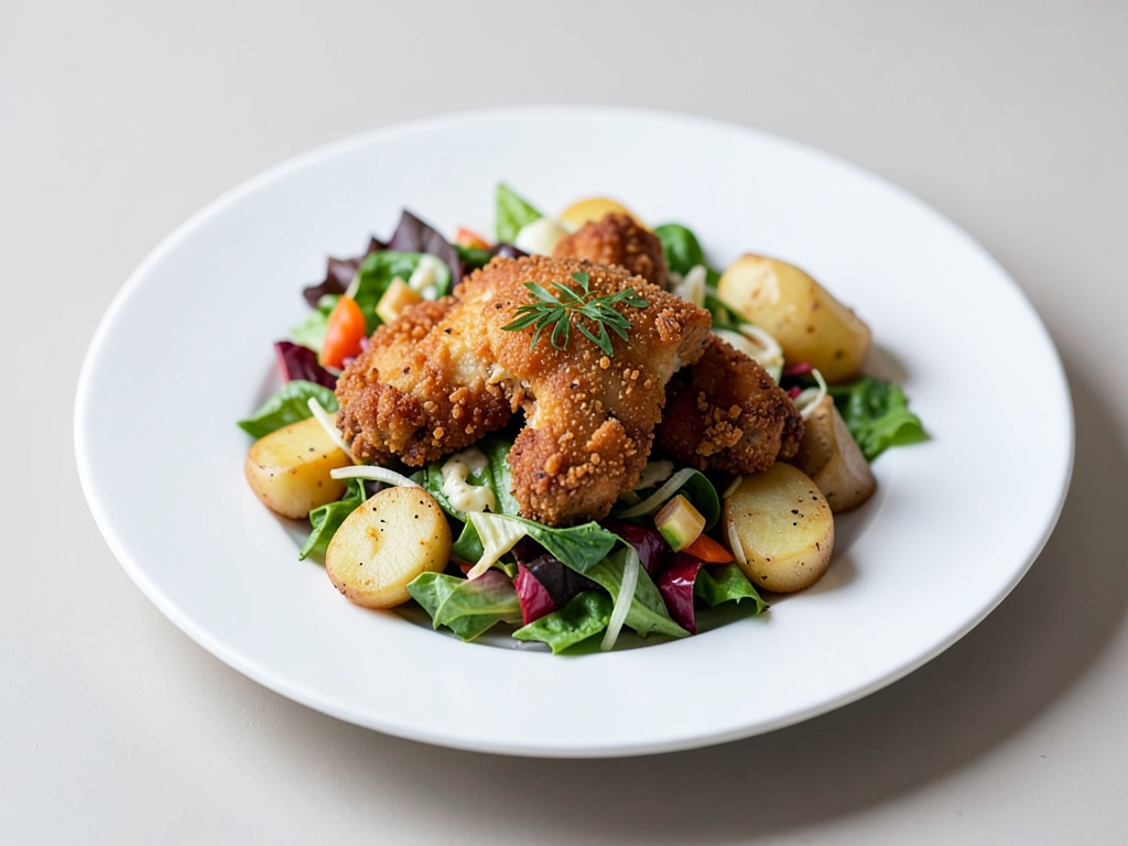 Pollo croccante su insalata colorata con patate