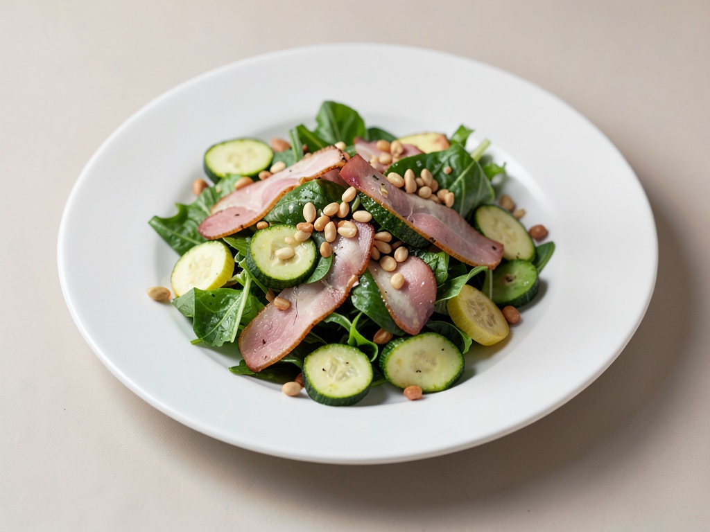 Insalata verde mista con zucchine, pinoli e prosciutto