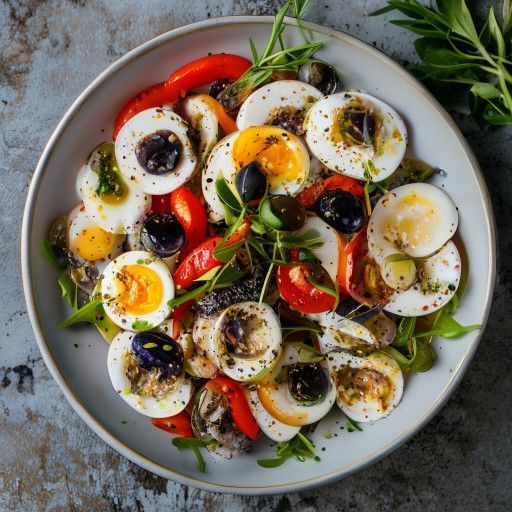 Insalata colorata con uova sode, olive e acciughe