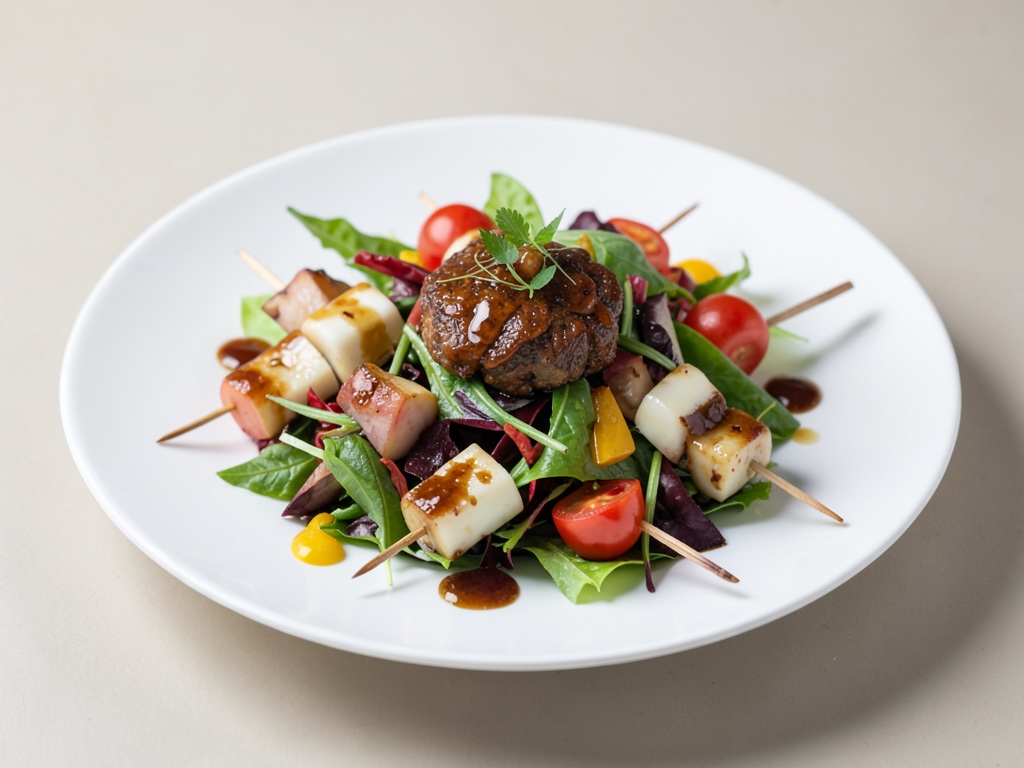 Insalata colorata con spiedini di formaggio al miele