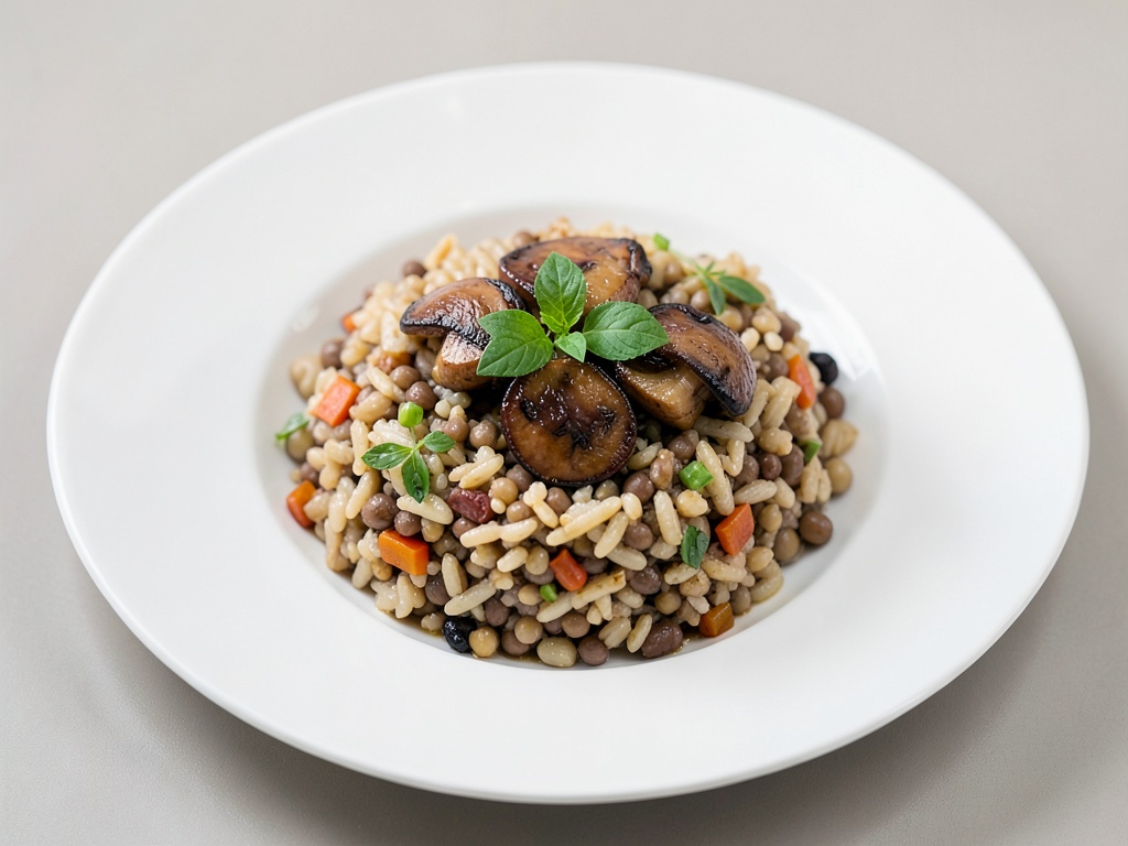 Ciotola veloce di lenticchie e riso con funghi caramellati