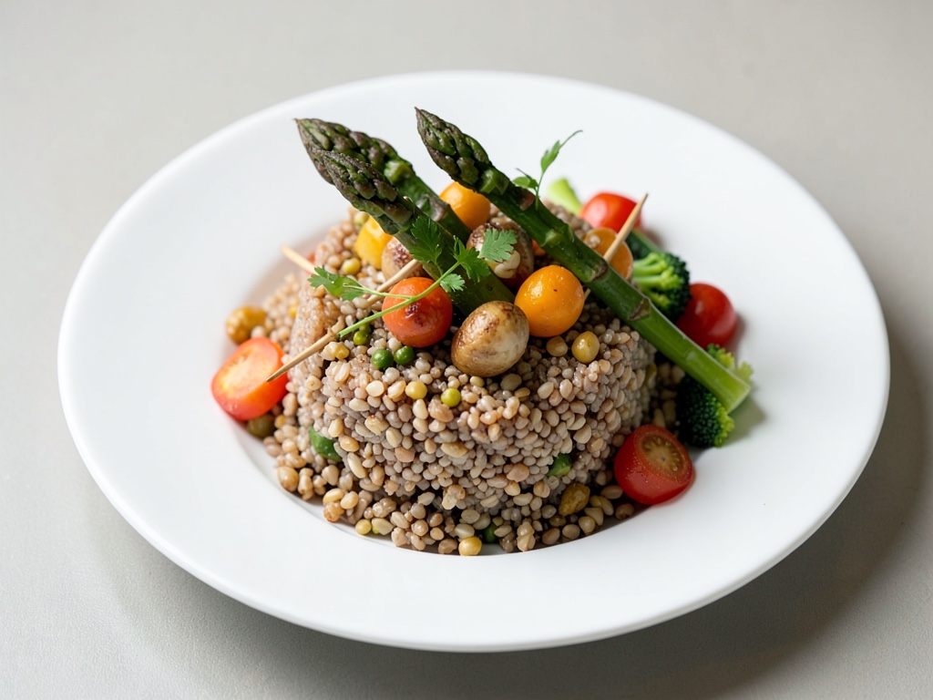 Bowl de sarrasin avec brochettes d'asperges et légumes