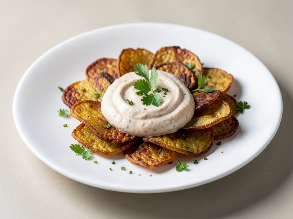 Verduras de raíz crujientes con dip cremoso de tomate y cuajada
