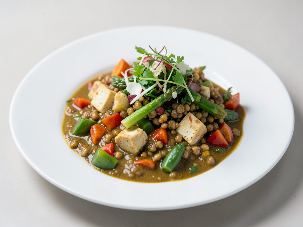 Curry di verdure con tofu e insalata di lenticchie e asparagi