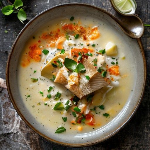 Soupe crémeuse au coco et légumes avec merlan