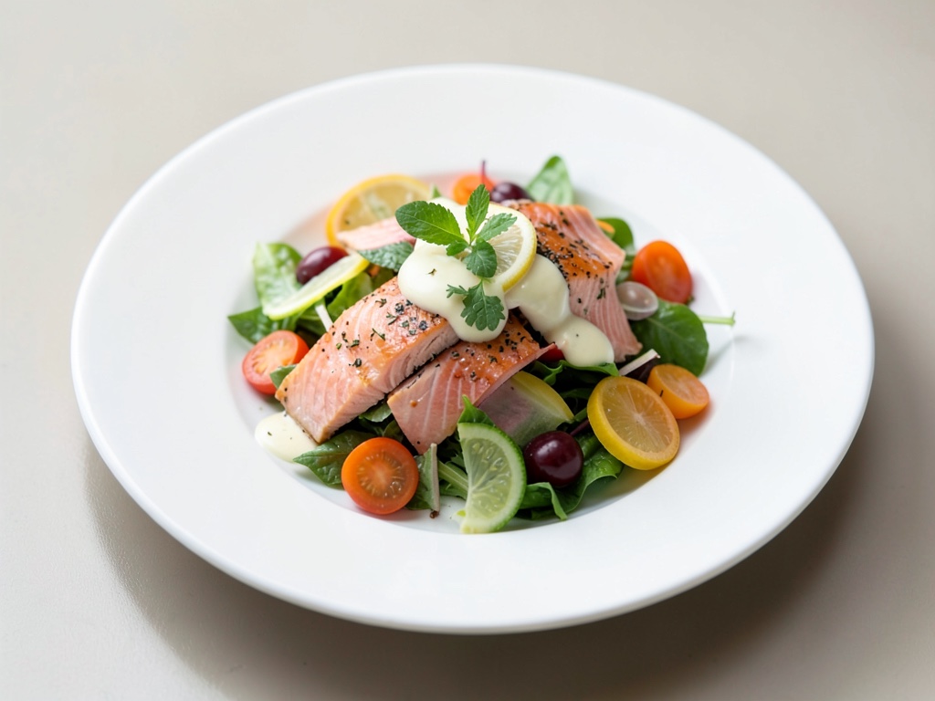 Insalata di salmone e verdure fruttata con condimento al limone