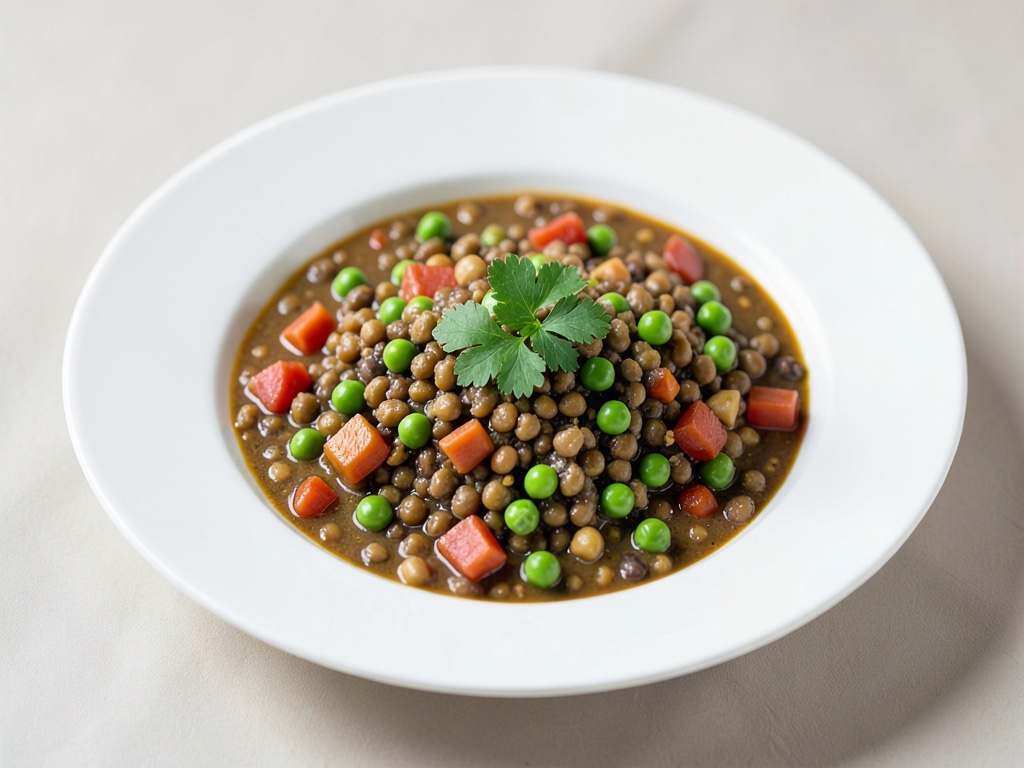 Estofado de lentejas y verduras con guisantes