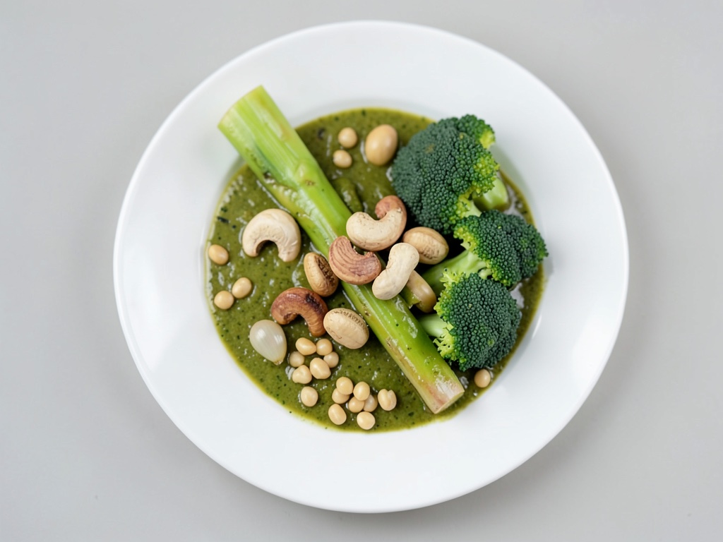 Curry verde con asparagi, broccoli e anacardi tostati