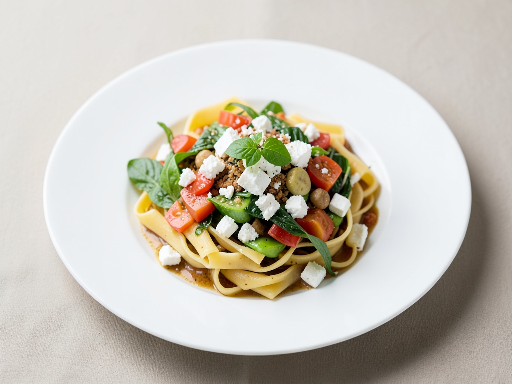 Insalata fresca di pasta e verdure con feta