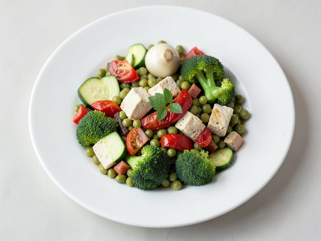 Paella verde con tofu, peperoni, piselli e zucchine